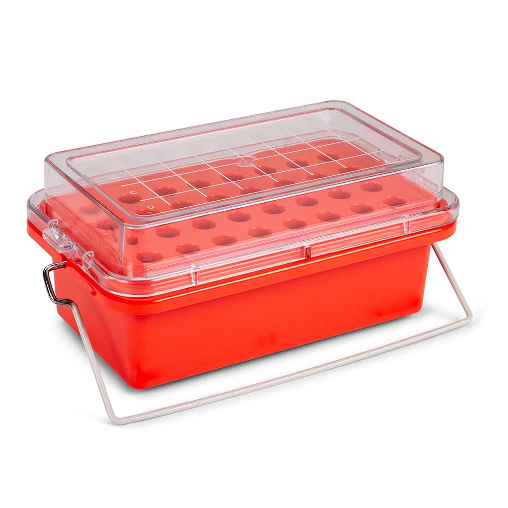 Globe Scientific CryoCool Mini Cooler, 0°C, 32-Place (4x8) for 1.5mL Tubes, Red Cooler; Chiller; polycarbonate cooler; cryogenic cooler; 0°C